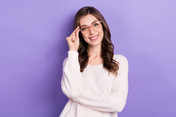 Photo portrait of nice attractive gorgeous lady wear white sweater hold her eyeglasses work teacher...