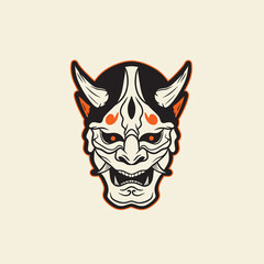 Japanese Demon Oni Mask Logo Design vector illustration ,it can be use for shirt design or poster	
