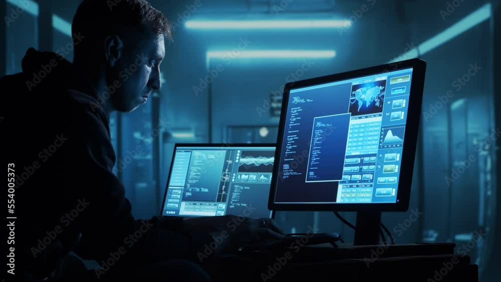 Wall mural computer hacker in hoodie. obscured dark face. hacker attack, virus infected software, dark web and 