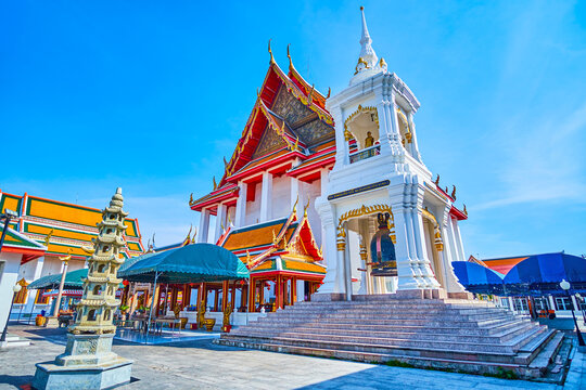 White bell tower at Ordination Hall of Wat Kanlayanamit temple in Bangkok, Thailand