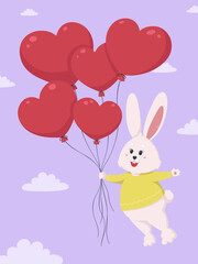 Valentine's Day greeting card with cute love bunny flying on balloons