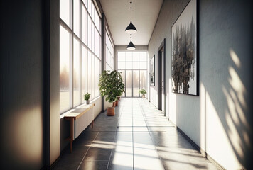 Obraz premium Modern, open, and light filled hallway with large windows, ceramic floor tiles, and lighting on top. Generative AI