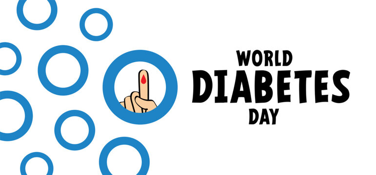 Cartoon hand with blood drop. World diabetes day. Human hands and lifted up index. Finger and drops of blood. November 14, global awareness campaign focusing on diabetes. Blue ribbon.