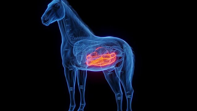 3D medical animation of a horse's large intestine