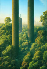 Fototapeta premium a giant tree city. City built in a tree. Forest city concept. Green city tower with blue teal sky. Futuristic concept art.