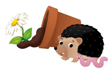 cartoon overturned clay flower pot hedgehog and worm