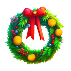 Fototapeta na wymiar Christmas wreath decorated with red bow and golden baubles, digital illustration cut out
