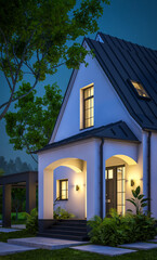 3d rendering of cute cozy white and black modern Tudor style house with parking  and pool for sale or rent with beautiful landscaping. Fairy roofs. Clear summer night with many stars on the sky.