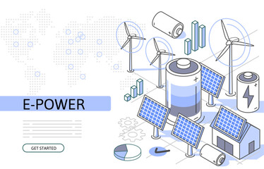 Clean energy Isometric Concept. Use for web page, banner, infographics. Flat illustration editable line. Renewable sources ecologically alternative energetics