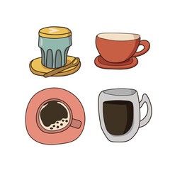 Set of cup. Collection mugs for hot drinks, tea or coffee. Crockery, kitchen utensils. Cafe or restaurant. Top view from side. Cartoon flat vector illustrations isolated on white background