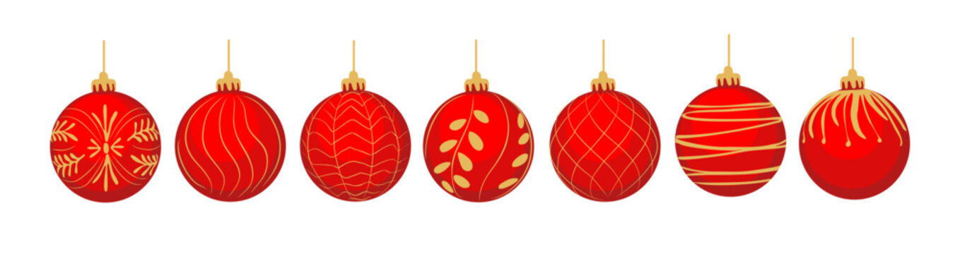 Collection Of Beautiful Red And Gold Baubles And Decorations For Christmas Tree. Set Of Holiday Ornaments. Colored Cartoon Vector Realistic Illustration Isolated On White Background