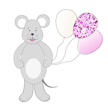 A gray cartoon mouse with balloons, one ball is decorated with sequins. For postcards and decoration. Vector illustration