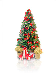A Christmas tree decorated with bread products with a harvest of ears in baskets is isolated on a white background
