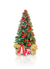 A Christmas tree decorated with bread products with a harvest of ears in baskets is isolated on a white background