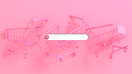 Minimal abstract background for online shopping concept. Blank web search bar and shopping cart on pink background. 3d rendering illustration. Clipping path of each element included.