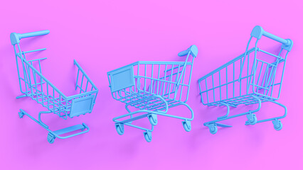 Minimal abstract background for online shopping concept. Blue Shopping cart on pink background. 3d rendering illustration. Clipping path of each element included.