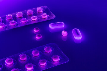 medical pills and capsules with ultraviolet light