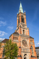 Protestant St John's Church (Johanneskirche, 88 m high tower) in the square of Martin-Luther....