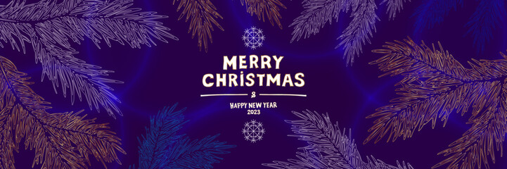 Merry Christmas and Happy New Year 2023. Banner with stylized spruce branches, light reflections on a purple background