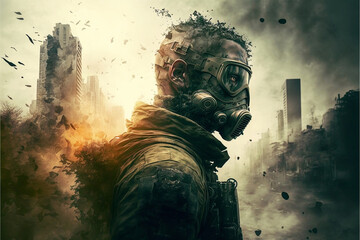 Soldier wearing gas mask in post-apocalyptic city ruins and battlefield. War concept. Designed using Generative AI. - obrazy, fototapety, plakaty