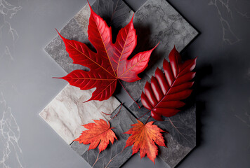 Autumn flat lay composition in shades of red and gray Autumn leaves and plaid on a gray marble backdrop Anime style flat lay, top view with copy space. Generative AI