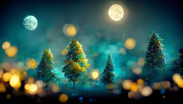 Christmas background with snow ball, trees, lighting, snow outside