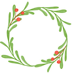 Watercolor Christmas floral wreath with mistletoe, red berries, leaves. Hand painted illustration isolated on white background
