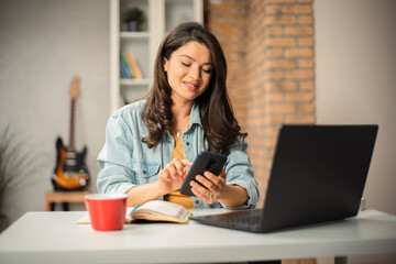 Beautiful pregnant woman working on laptop. Young businesswoman talking to the phone