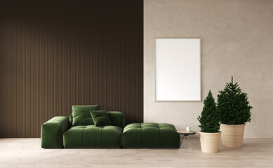 Cozy christmas living room decorated сhristmas trees in pots without decor, eco-friendly decor, dark brown panel on the wall. green sofa with pillows. Empty wooden frame mockup on wall. 3d rendering