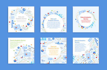 Data analytics service social media post internet advertising set vector illustration
