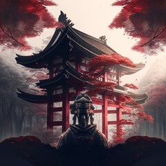 Shinto Shrine with red maple trees in Japan. Designed using Generative AI.