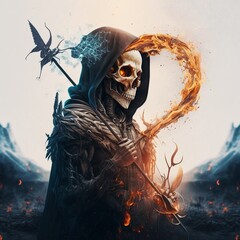 Concept of grim reaper with flames and scythe. Designed using generative ai. - obrazy, fototapety, plakaty