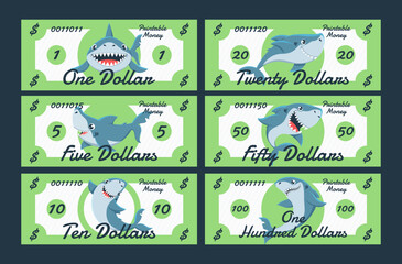 Game money shark paper green dollar currency for gaming playing shopping set vector flat