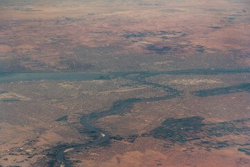 Aerial view of the metropolitan area of Khartoum the Capital of Sudan, located at the confluence of the White Nile and the Blue Nile in North Africa. 