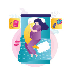 Cute pregnant woman sleeps with large and long pillow. Comfortable sleeping position during pregnancy, relaxation during sleep. Tired female character relaxes in bed. Top view.