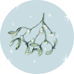 Vector Watercolor hand paiting of Mistletoe on Pastel Blue background. Christmas themed graphic perfect for illutsrations, stickers and other designs.