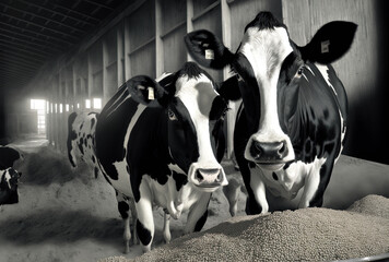 At a contemporary farm, black and white dairy cows consume compound feed from the feed table. Generative AI