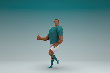 Fototapeta na wymiar An athlete wearing a green shirt and white pants is expression of hand when talking. 3d rendering of cartoon character in acting.