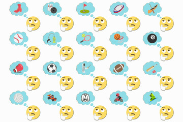 thinking face and thought bubble with sport icons,embossed effect,emoji pattern on white background,icon set,vector illustration