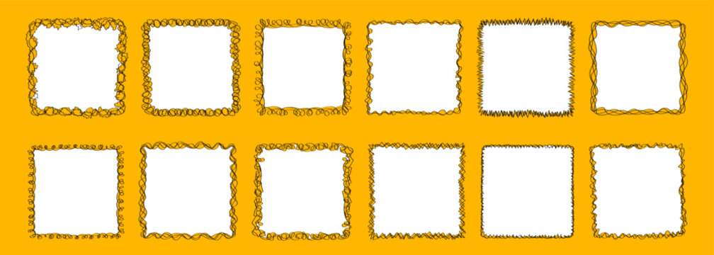 Collection of 12 doodle sketchy frames with black hand drawn borders isolated on bright yellow background. Template of linear vector square frames with blank white space inside.