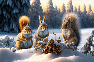 Fluffy squirrels in a fabulous winter forest. Winter wonderland landscape. Digital art	 - obrazy, fototapety, plakaty