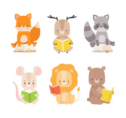 Cute Animals Sitting and Reading Book Enjoying Interesting Story Vector Set