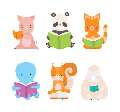 Cute Animals Sitting and Reading Book Enjoying Interesting Story Vector Set