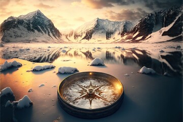 Winter landscape, frozen mountain rivers and slopes of mountains in the snow, Ancient antique compass in the snow. AI