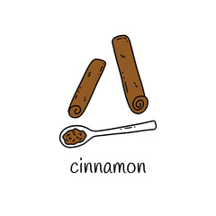Two cinnamon sticks and ground cinnamon in teaspoon. Colorful Isolated food vector illustration hand drawn doodle. Fragrant and healthy ingredient. Icon or card