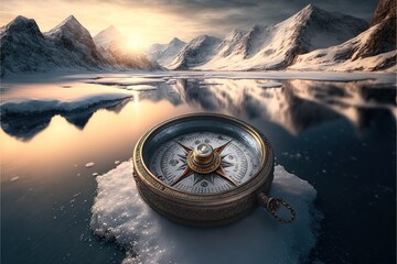Winter landscape, frozen mountain rivers and slopes of mountains in the snow, Ancient antique compass in the snow. AI - obrazy, fototapety, plakaty