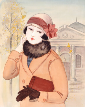 大正浪漫 昭和レトロ 古い洋館と銀杏とリボンの帽子の少女
