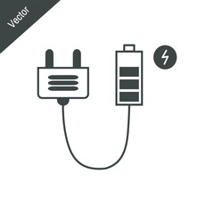 Battery charger icon drawn outline, cable, electricity isolated on white background. Can be used for symbols, signs, elements, technology or business themed.