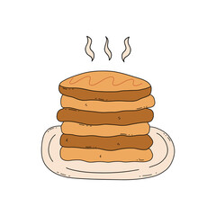 Hot oatmeal pancakes. Delicious breakfast or snack. Colorful vector isolated illustration hand drawn doodle. Icon clip art or print, card