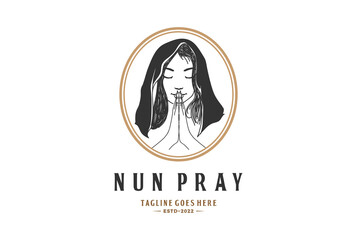 Vintage Frame with Nun Angel Pray for Tattoo Logo Design Vector